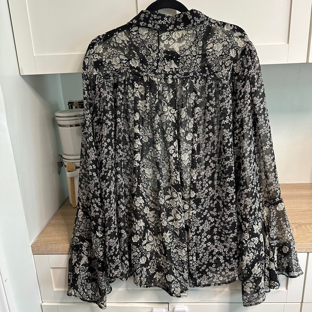Bohemian Sheer Blouse Womens Black White Dramatic Bell Sleeve Top Ethereal Flowy - Picture 12 of 13